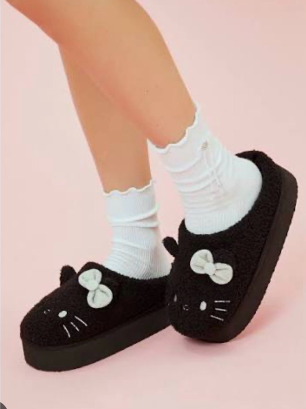 Forever 21 Black Fuzzy Hello Kitty Slide Slippers with Silver Glitter Bow